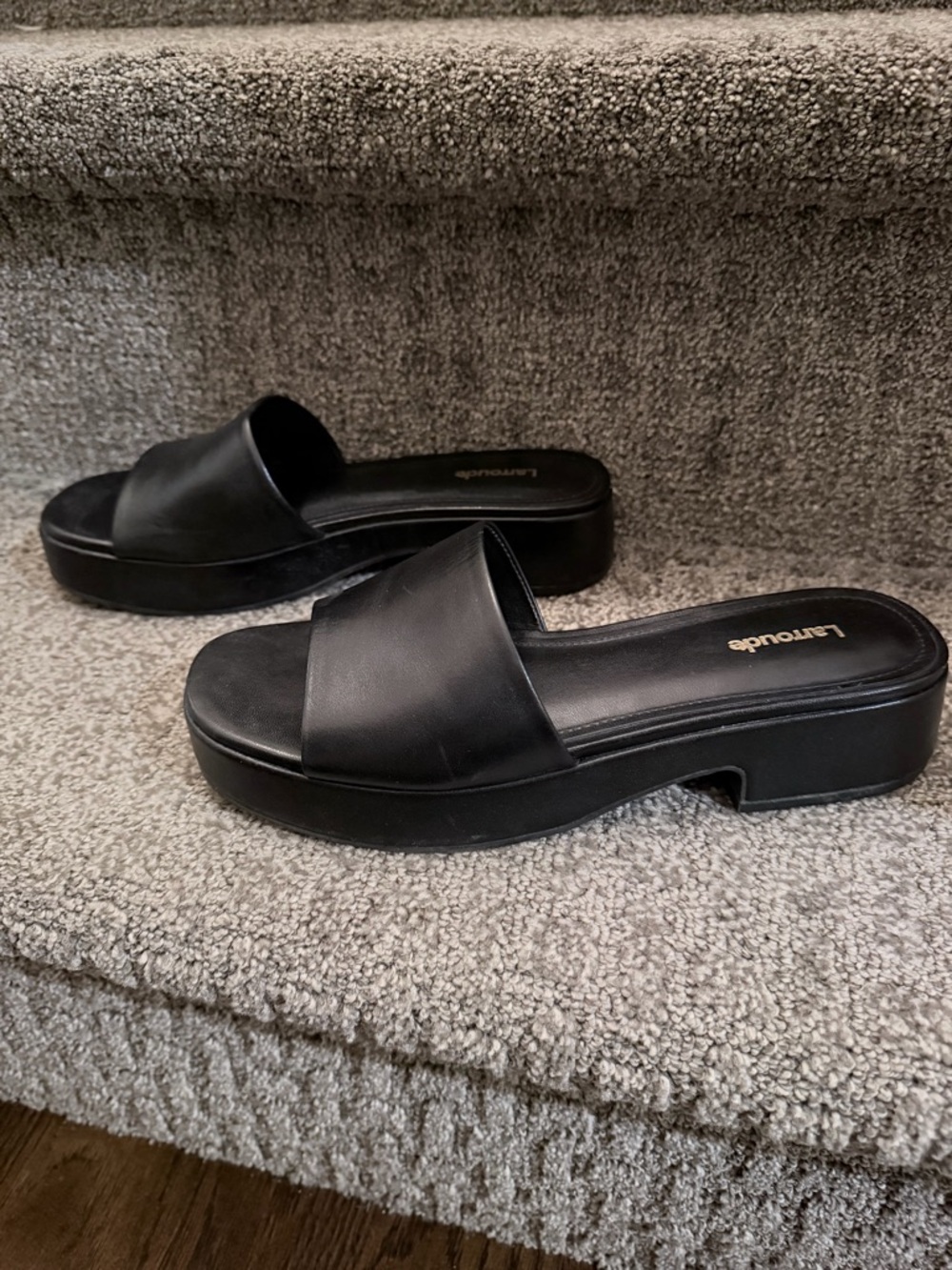 Larroude Athena Black Flatform Slide Sandals